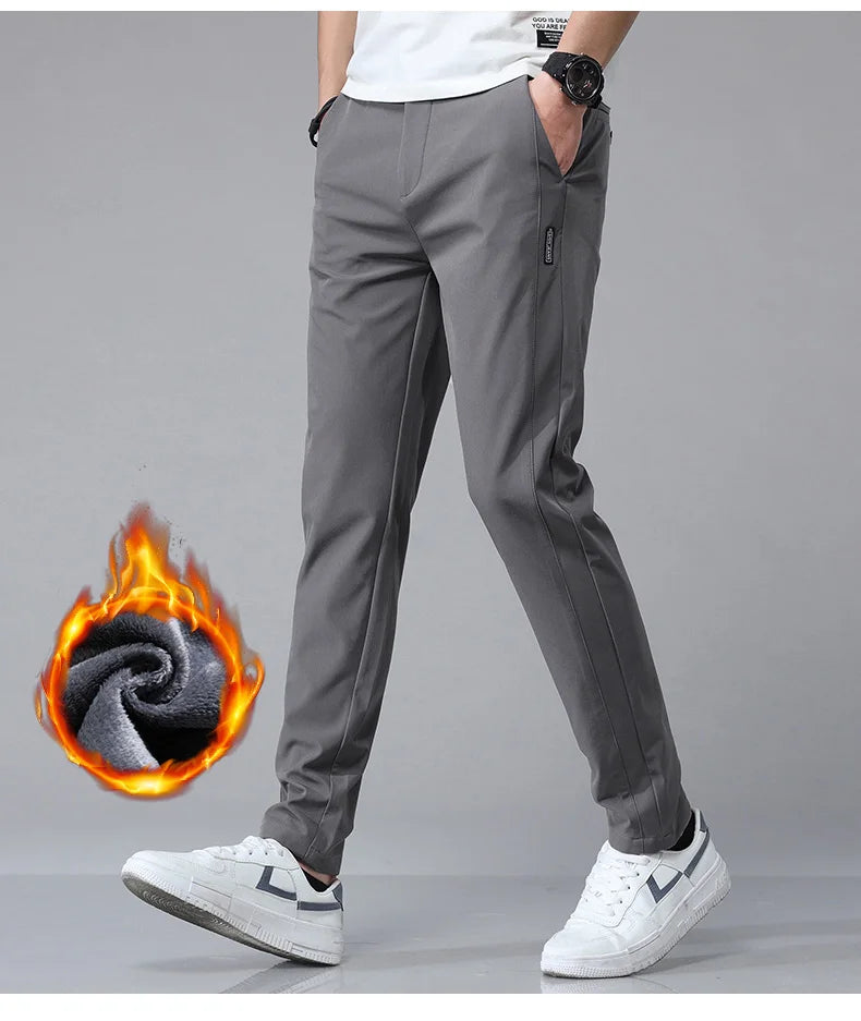 Korean Men's Warm Golf Pants Slim Straight Winter Thick Fleece Casual Pants Business Fashion Stretch Thermal Trousers Male.