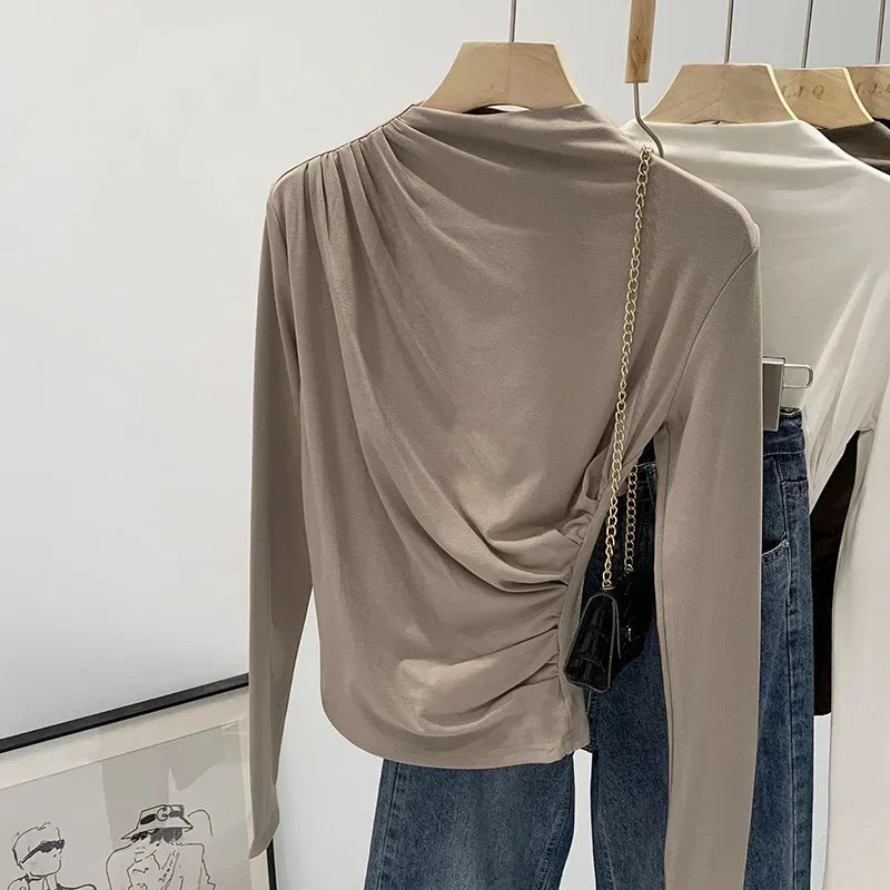 Early Autumn Pure Color High Neck Pleated Slim Fit Sexy Base Shirt Women's Fashionable Crew Neck T-shirt Full Sleeve China Origi