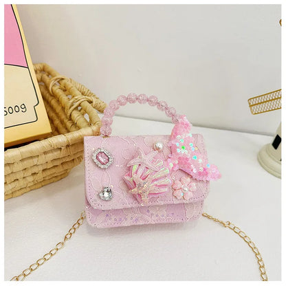 Lovely Sequin Girls Square Shoulder Bag Fish Tail Starfish Princess Crossbody Bags Bead Handle Children's Small Handbags Purse