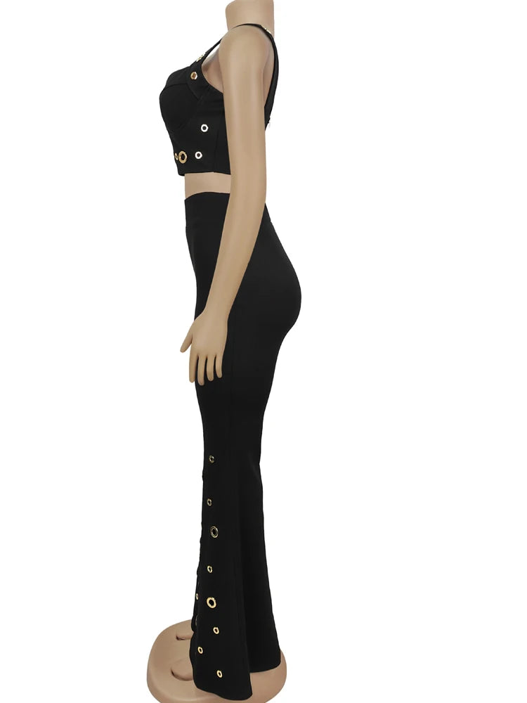 Kricesseen Gorgeous Metal Eyelet Wide Legs Pants Set 2 Piece Outfits Stylish Bustier Top And Holes Trousers Suits Set Clubwear.