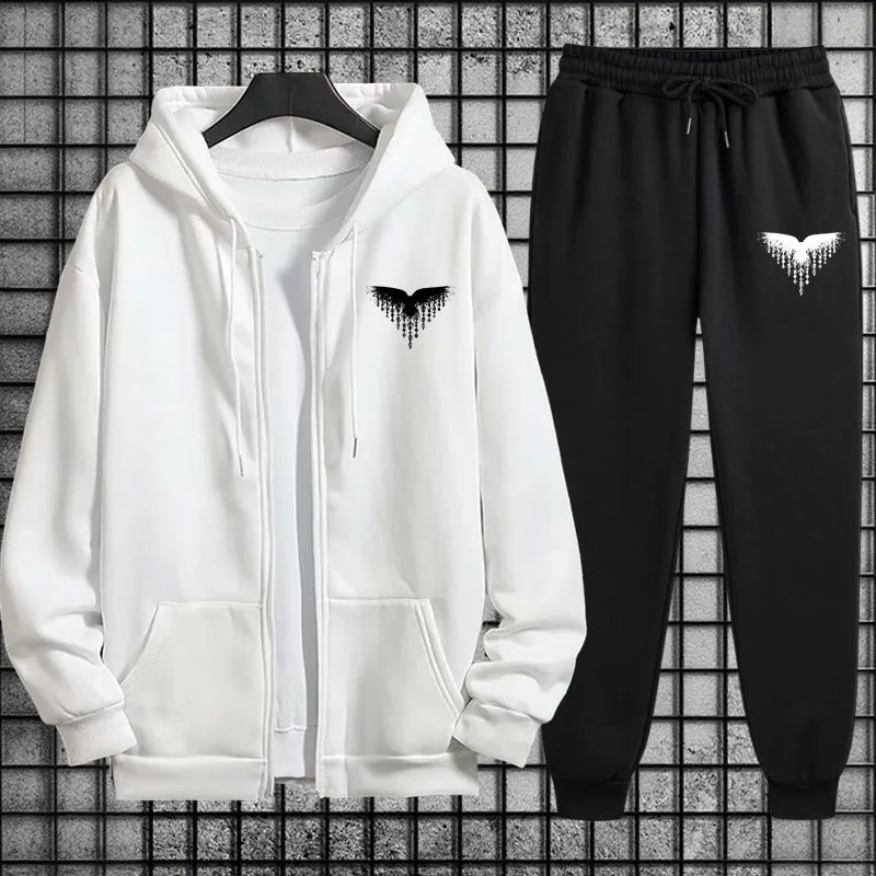 Ancient Viking Raven Print Hoodie Sweatpants Autumn Winter Daily Casual Sporty Jogger Set Urban Fashion Men's Zipper Tracksuit.
