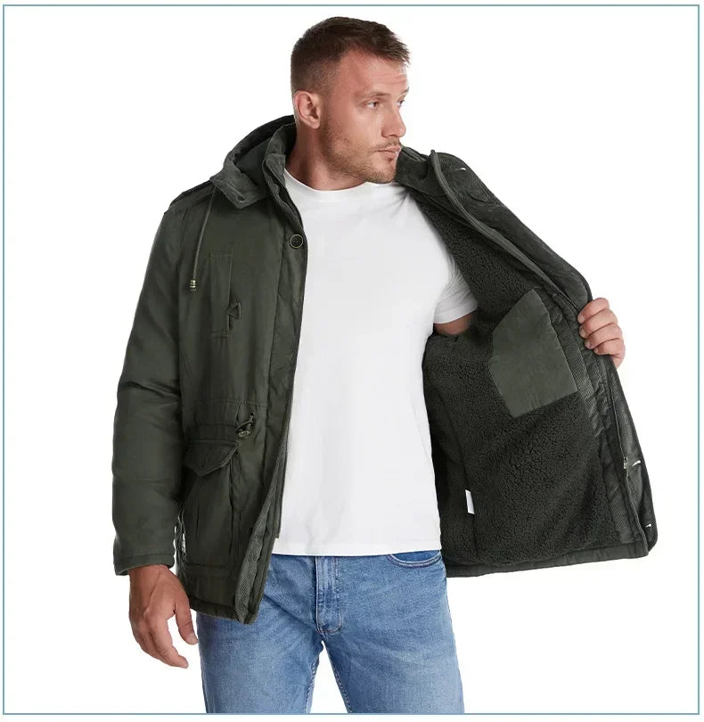 Men's Jacket WINTER USA SIZE Large SIZE Lamb Fleece JACKETS Hooded Cotton Thickened Multi Pocket Casual Mid length Coat