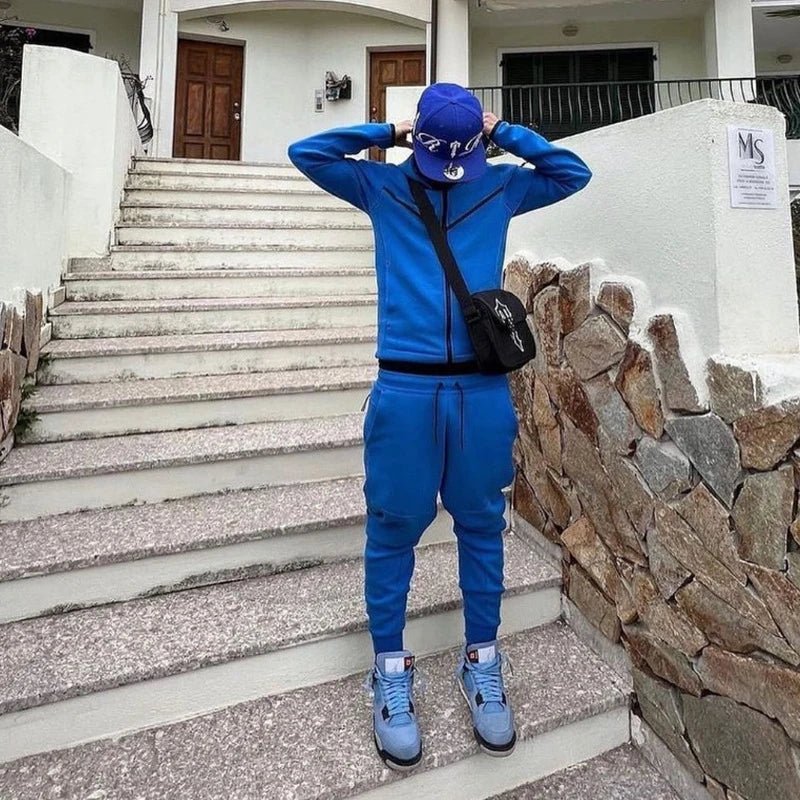 Fashion Solid Color Slim Two Piece Sets Men Fall Winter Casual Long Sleeve Zipper Hooded Sweatshirt And Pants Suits Mens Outfits.