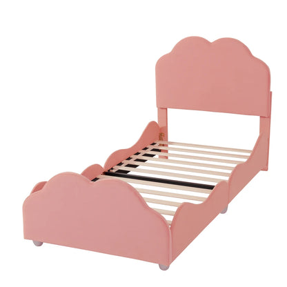 Kinderbett 90 x 200 cm hohes Geländer, Kinderbettgestell mit wolkenförmigem Kopf und Fußteil, Bett aus hautfreundlichem Samt