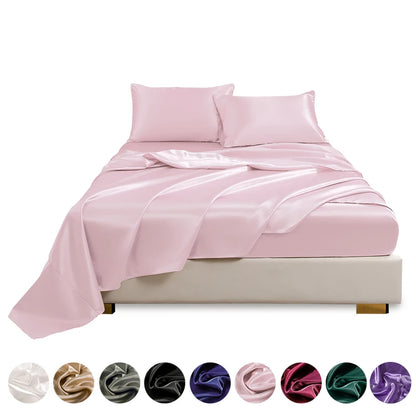 Satin Bed Sheets, Queen Size Sheets Set, 4 Pcs Silky Bedding Set   1 Deep Pocket Fitted Sheet + 1 Flat Sheet + 2 Pillowcases