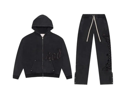 Y2k Retro Zipper Hoodie and Sweatpants 2-piece Set Washed Cotton Men Women Tracksuit Gothic Letter Loose Sweatshirt Jogger Suit