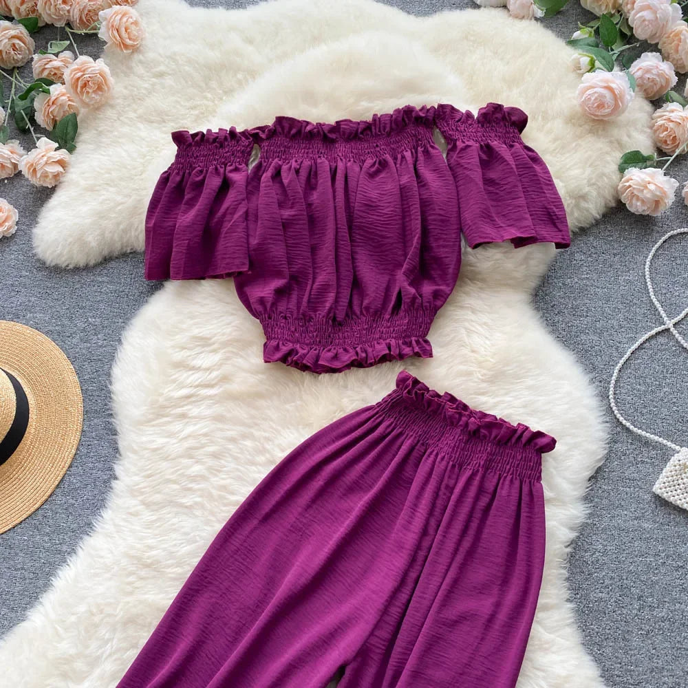 2024 Summer Green/Black/Red Two Piece Set Women Sexy Slash Neck Short Tops + High Waist Wide Leg Pants Female Suit New