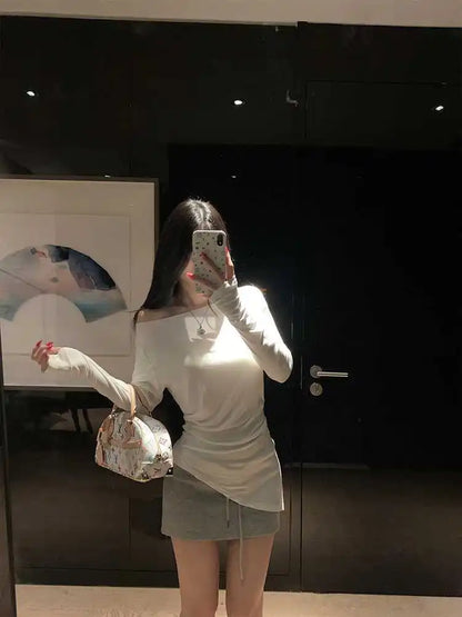 Sexy Long Sleeve T-Shirt Shoulder Bared Waist Cinched Slim Fit Knitted Cotton Solid Color Casual Urban Style for Early Autumn.