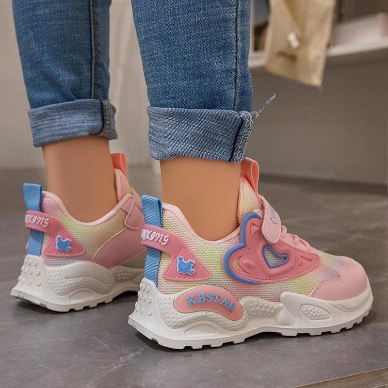 Girls Sports Shoes Kids Running Shoes Pink Breathable Air Mesh Heart Sweet Sneakers Cute Hook & Loop Children's Casual  Shoes.