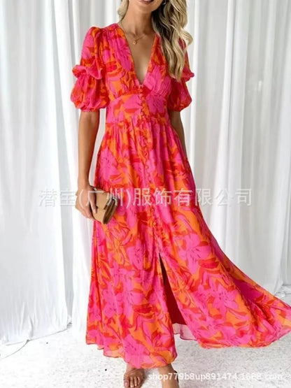 Frühling Sommer Frau Bohemian Kleid Büro Dame Mode Lässig Lose Druck V-ausschnitt Kurzarm Kleider Für Frauen 2025.