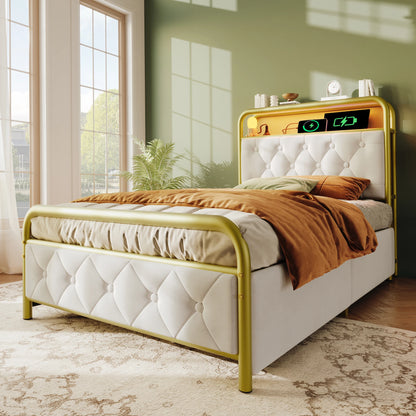 KOMHTOM Einzelbett 90x200 cm Samt - USB Type C Ladefunktion, APP-Control LED, 2 Schubladen, ohne Matratze