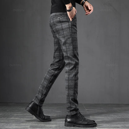 2025 New Spring Autumn England Plaid Work Stretch Pants Men Business Fashion Slim Grey Blue Casual Pant Male Brand Trousers 38