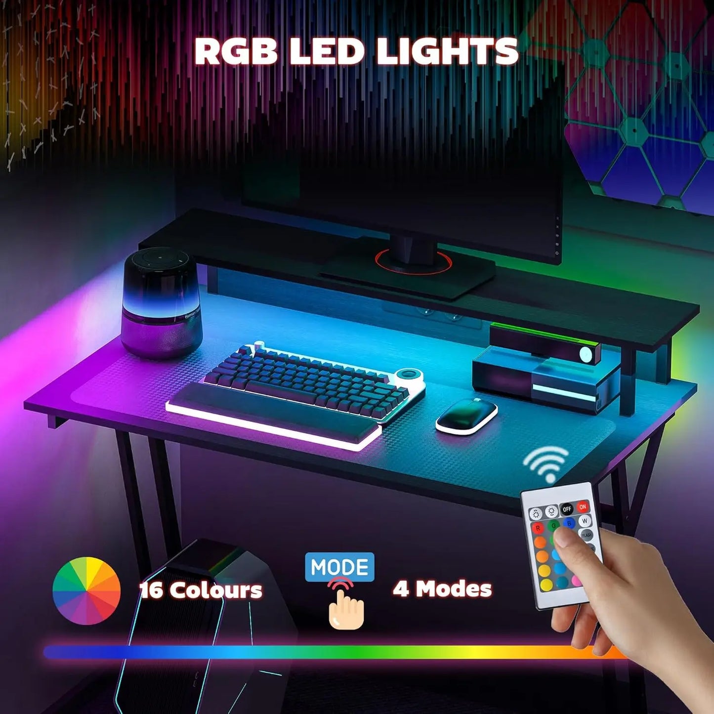 Gaming-Schreibtisch mit LED-Beleuchtung und Monitorständer, 100 x 60 cm Computer-Gaming-Tisch, PC-Tisch mit USB, TYP C und Fernbedienung