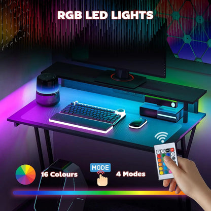 Gaming-Schreibtisch mit LED-Beleuchtung und Monitorständer, 100 x 60 cm Computer-Gaming-Tisch, PC-Tisch mit USB, TYP C und Fernbedienung