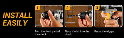 Die 20-V-Akku-Bohrmaschine von DEKO verfügt über zwei Wechselgeschwindigkeiten. 18+1 Drehmomentschraubendreher. 29-teiliges Bohrset mit 1,5-Ah-Akku und Ladegerät