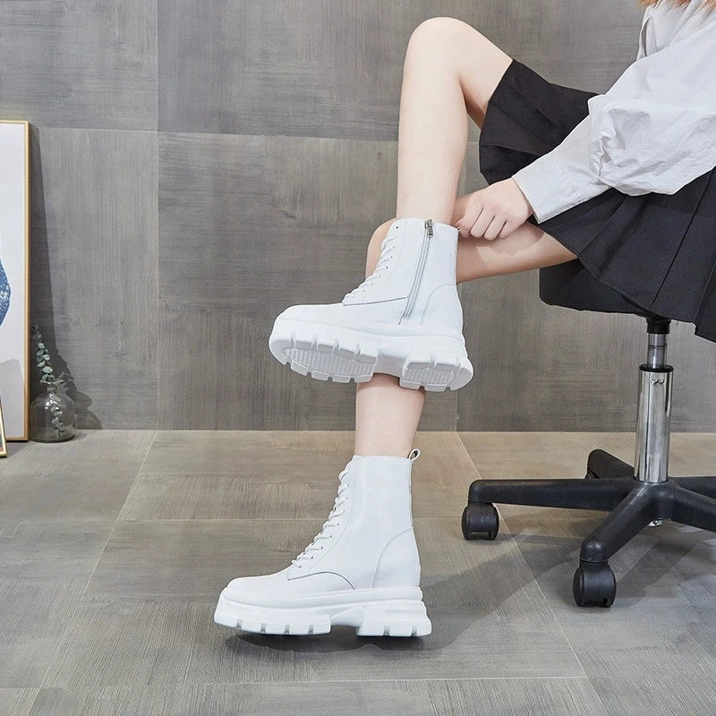 WOIZGIC Women Female Ladies Mother Genuine Leather Ankle Boots Shes Warm Autumn Winter Plush Zipper Motorcycle British Increase.