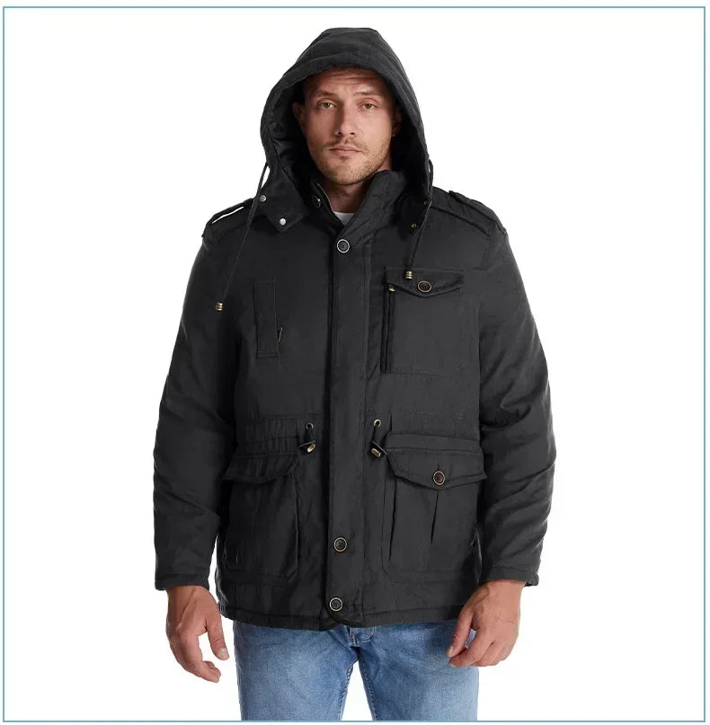 Men's Jacket WINTER USA SIZE Large SIZE Lamb Fleece JACKETS Hooded Cotton Thickened Multi Pocket Casual Mid length Coat