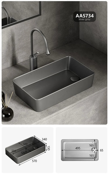 Rechteckiges silbergraues Porzellan-Keramikgefäßwaschbecken über der Theke, Toilette, Badezimmer-Schminktisch, Waschbecken, glasiertes weißes Waschbecken