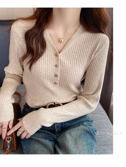2025 Autumn Winter Women Sweaters Casual Slim Button Knitted Pullover Sweater Femme Basic Solid Jersey Tops Fashion Clothes
