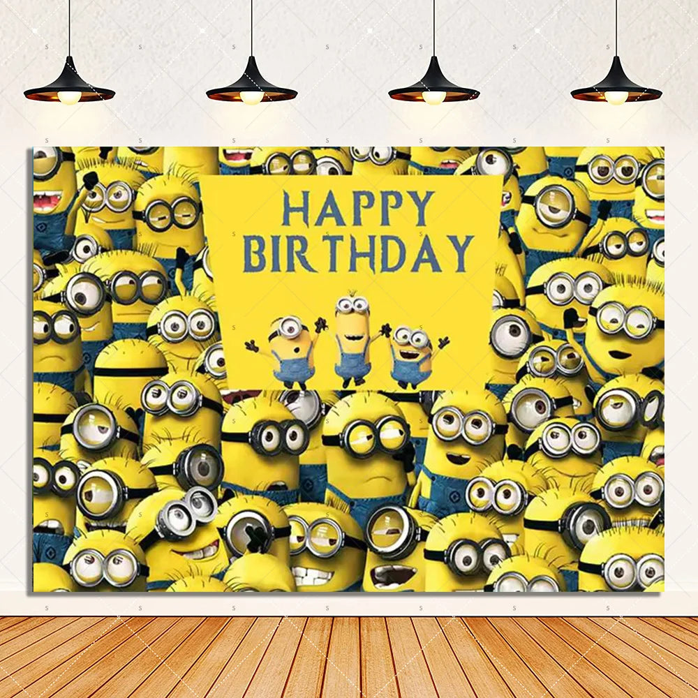 Cartoon M & Minions Geburtstag Party Dekoration Einweg Geschirr Tasse Teller Tischdecke Luftballons Gelb Große Augen Hintergrund Banner.