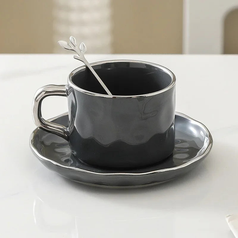230ml European Style Coffee Cup with Saucer and spoon Ceramic mug Solid Color Tea Cup and Saucer Set Afternoon Tea Milk Cup.