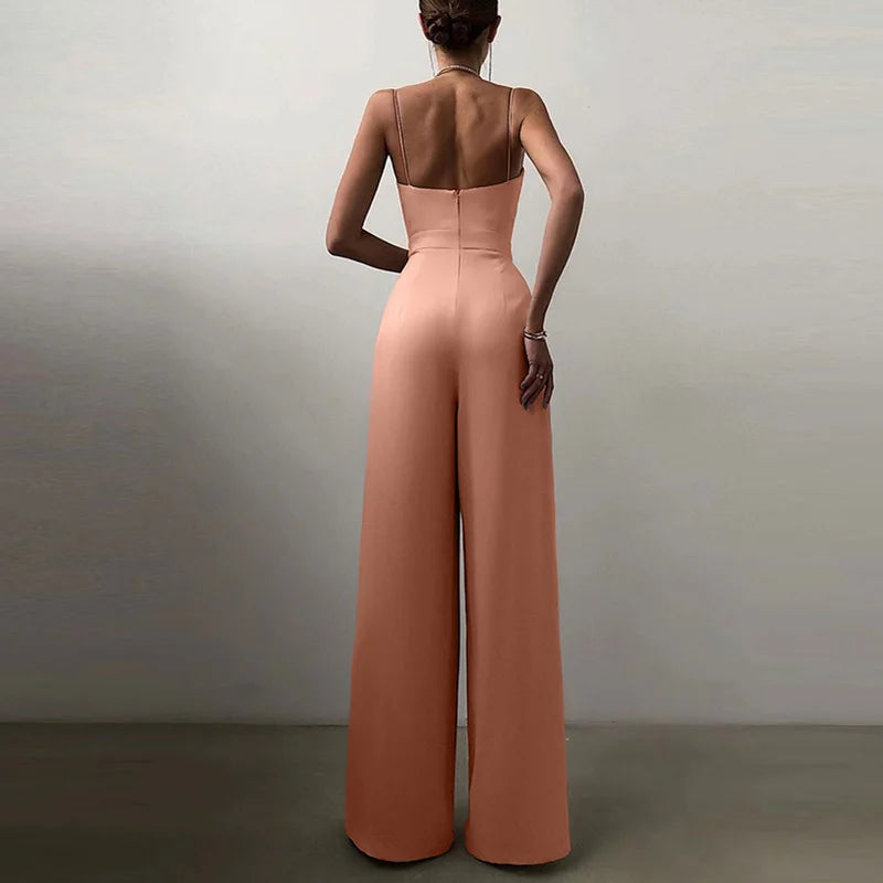 New Spaghetti Strap Slim High Waist Jumpsuits Fashion Ladies Solid Color Office Wide Leg Rompers Elegant Pleated Simple Playsuit.