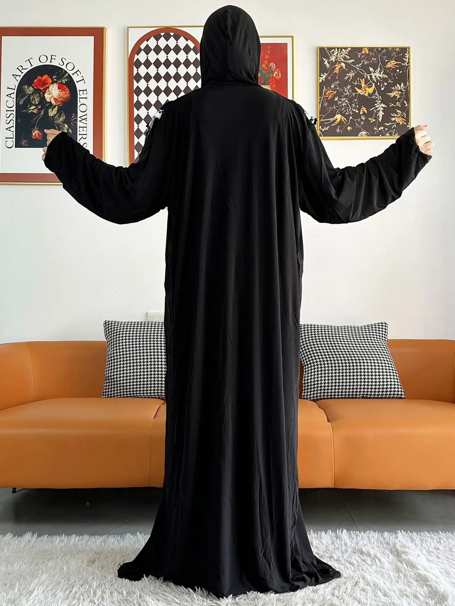 2023 Muslim Solid Cotton Abaya For Women Ramadan Prayer Garment Joint Hat Dubai Turkey Middle East Femme Robe Floral Loose Dress.