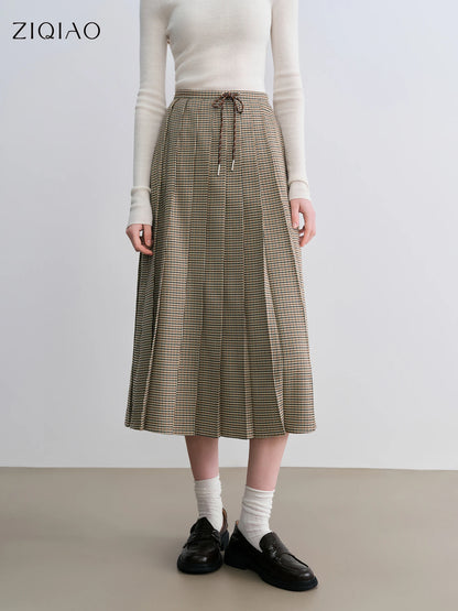 ZIQIAO Houndstooth Pleated Skirt Women's 2025 Autumn New Style College Style Pattern Versatile Casual Mid-length Skirt 25ZQ93064.