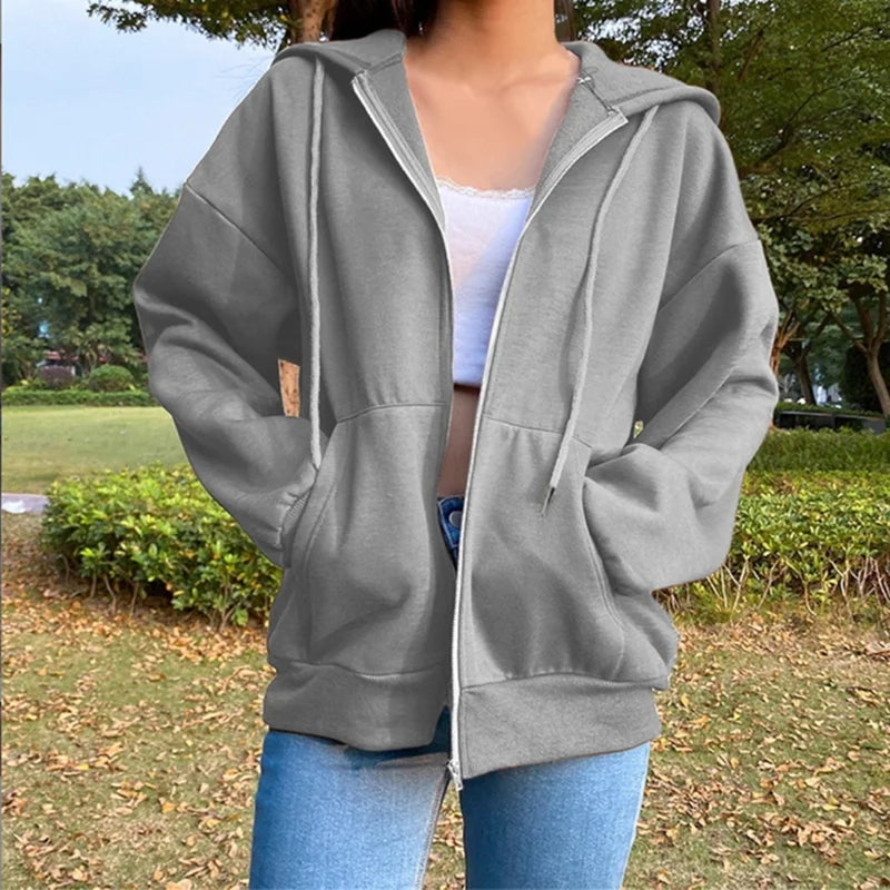 Herbst Fleece Hoodie Einfarbig Mit Kapuze Koreanische Mode Sweatshirts Langarm Top Kordelzug Taschen Lose Zipper Schwarz Hoodies.