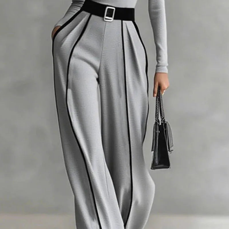 Retro Turtleneck Bottoming Shirt Top+Wide-leg Trousers Suit Woman Elegant Contrast Color 2 Piece Sets Long Sleeve Autumn Outfits.