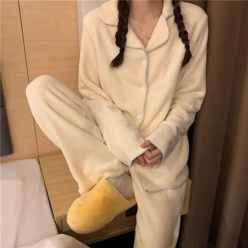 Flannel Women's Pajamas Sets Casual Autumn Winter Sleepwear Velvet Pyjama Ladies Cardigan Simple Bedroom Soft Warm Home Clothes.