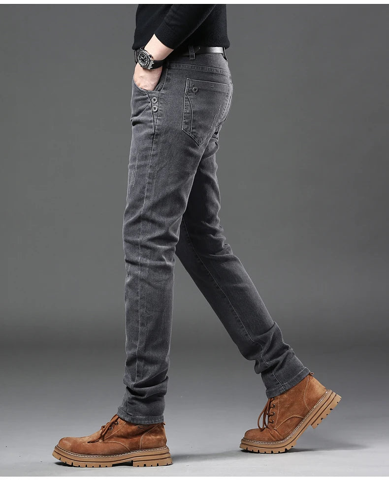New Pure Gray Korean Slim Jeans Men's Stretch Tight Trendy Jean Trousers Branded Streetwear Comfortable Man Clothing Pants.