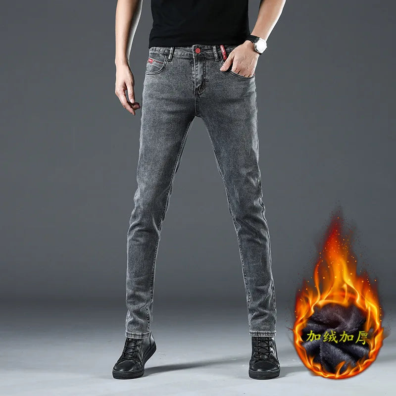 Winter Thick Plus Velvet Men Middle Waist Skinny Jeans Simple Fleece Warm Slim Fit Stretch Boy Casual Denim Pencil Pants.
