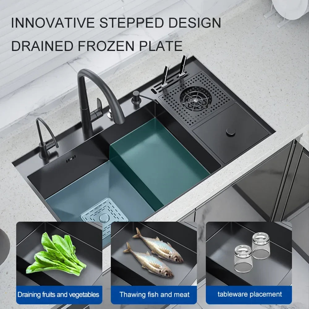 Nano Kitchen Sink Multi-Function Stepped Kitchen Sink 304 Stainless Steel Vegetable Washing Basin With High Pressure Cup Washer