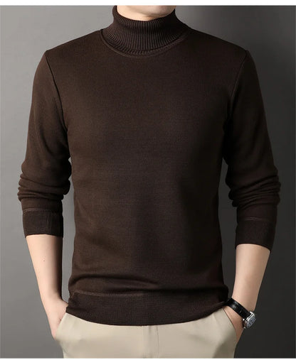 Men's Autumn Winter New Turtleneck Sweater Warm Cozy Solid Color Casual Bottom Knitted Pullovers Male Fashion Knitwear
