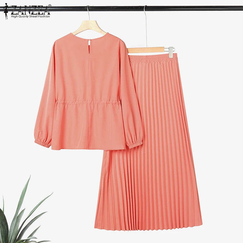 ZANZEA Elegant Women Autumn 2 Piece Sets Muslim Tracksuits Fashion Long Sleeve Tops Pleated Maxi Skirts Suit 2PCS Work Outfits.