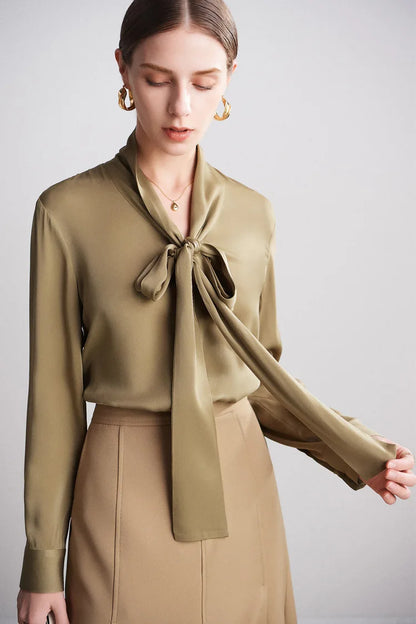 Silk Shirt Women's Thick Temperament Streamer 2025 Spring and Summer New Mulberry Silk Lace-up Design Shirt Long-sleeved Top