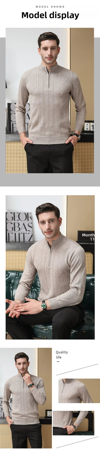 High End 100% Australia Wool Cashmere New Autum Winter Fashion Brand Casual Zip Up Men Pullover Knit Half Turtleneck Sweater.