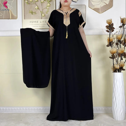 2025 Muslim Caftan Short Sleeve Dress Solid Cotton Summer Abaya African Traditional Dresses Islam for Women Casual Clothing
