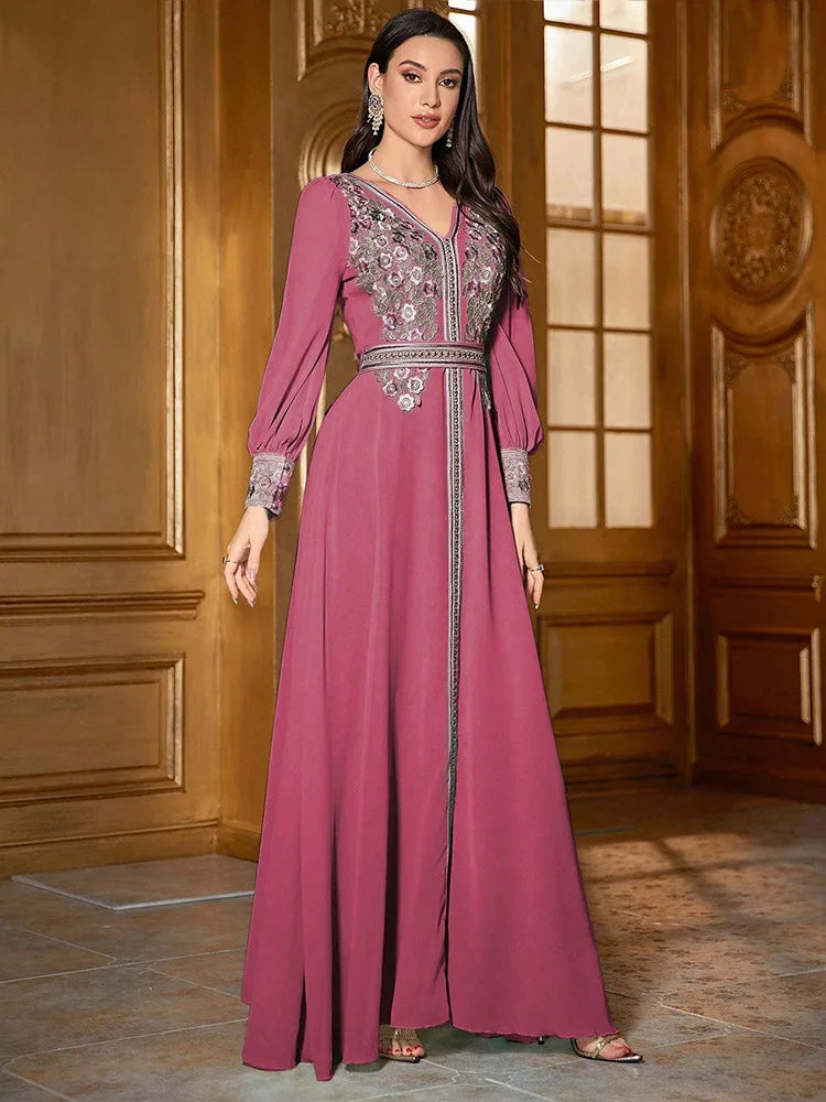 Eid Frauen Kleid Abaya Kaftan Muslimischen V-ausschnitt Stickerei Party Robe Jalabiya Ramadan Marokko Dubai Kaftan 2025, Vestidos Largos.