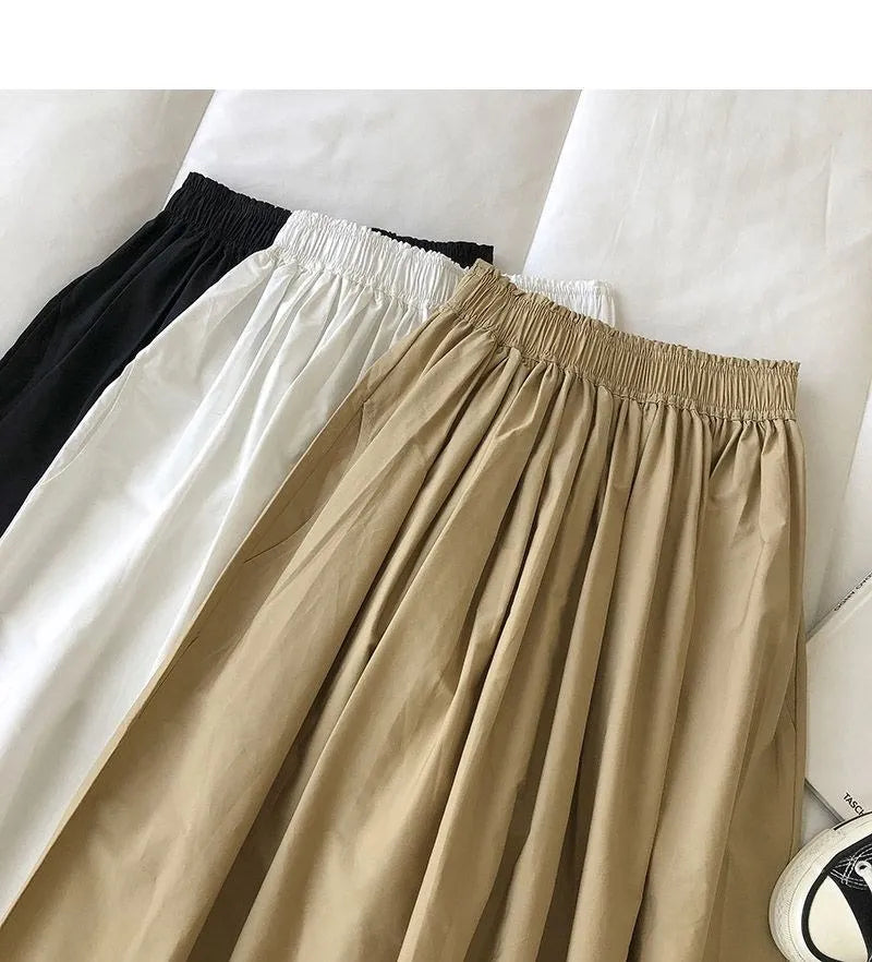 Women Black skirt midi High waist korean style Pleated a line Vintage Clothing 2025 new Summer Casual Fashion Ladies Work Wear.