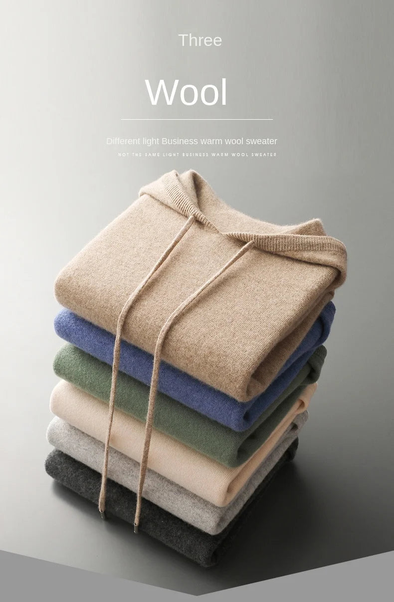 100% Cashmere Sweater Men's Ready-To-Wear Hooded Knitted Pullover Autumn Winter Long Sleeved Sweater Casual Sports Hoodie Top.
