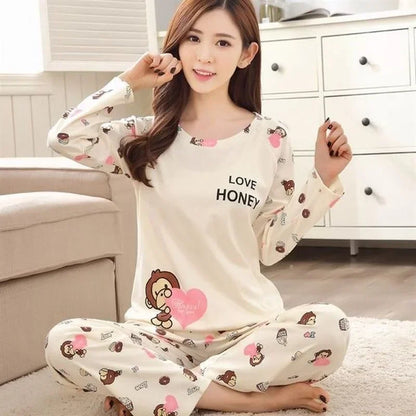 Herbst 2 stück Pyjamas Set Frauen Dünne Sexy Nachtwäsche Schöne Hause Anzug 2025 Rundhals Mädchen Teetasse Nachtwäsche Langarm pyjamas.
