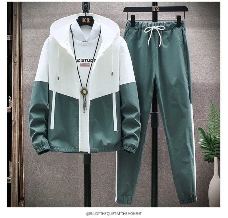 New Men's Sportswear Set Casual Loose Fit Sweatpants with Drawstring Two-Piece Korean Style Autumn Collection.