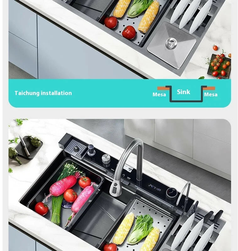 Stainless Steel Kitchen Sink Large Size Single Slot Multifunctional With Trash Can and Drain Rack Household Wash Dish Basin