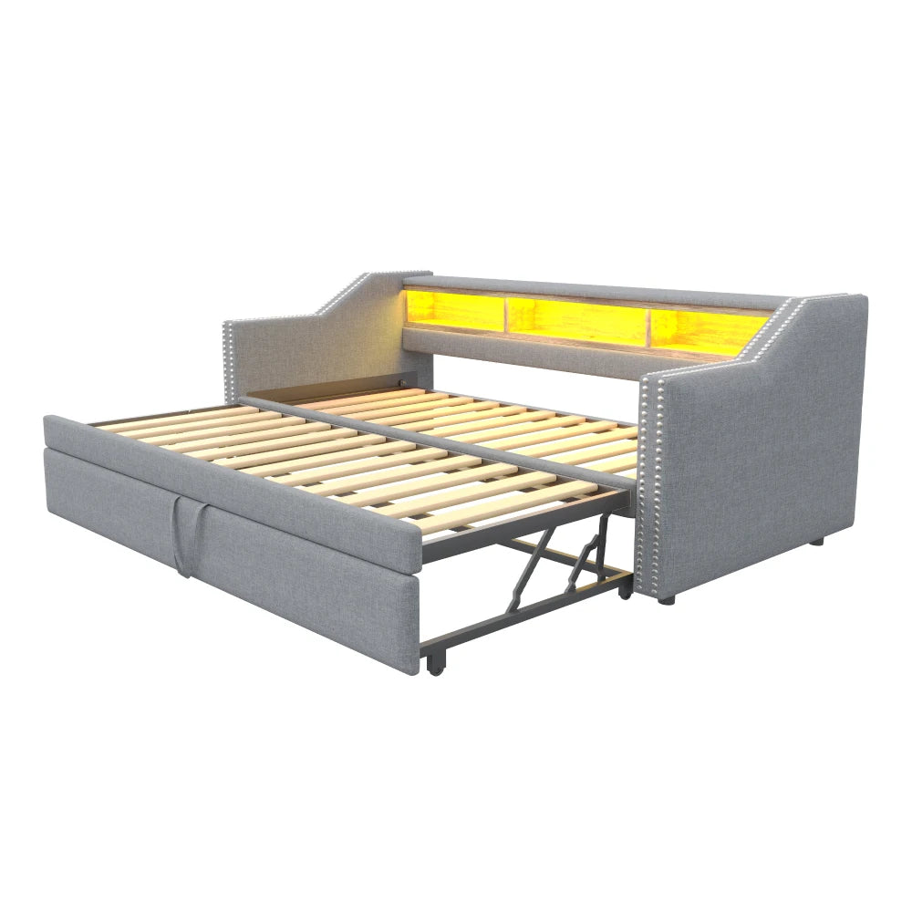 Ausziehbares Schlafsofa 90/180 x 190 cm, multifunktionales Aufbewahrungsfach, LED-Licht und USB-Buchse, mit Gitter, Dunkelgrau