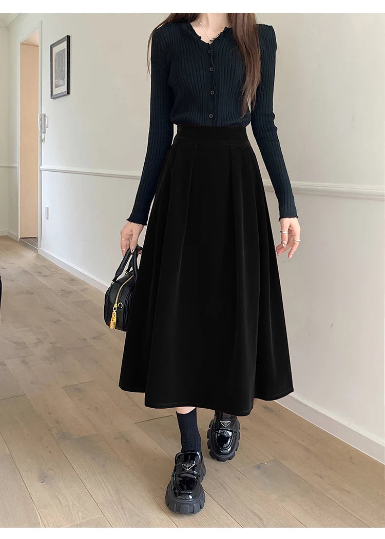 Autumn Winter Warm Vintage Red Elegant Velvet A-line Skirt For Women 2023 High Waist Casual Black Party Pleated Big Swing Skirts.