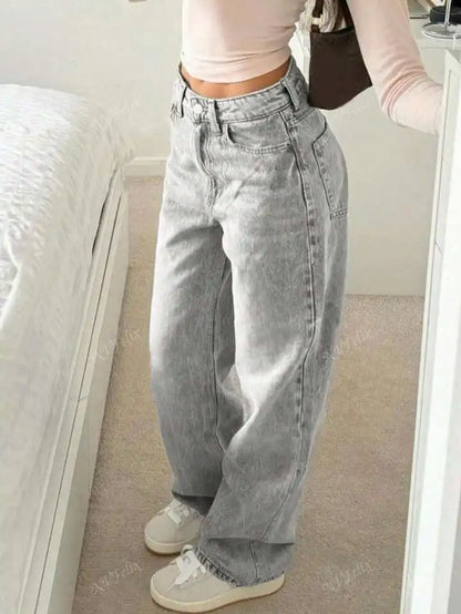 Jeans Women Straight Pants Denims Washed High Waist Distressed Pockets Female 2025 Streetwear Vintage Full Length Trousers.
