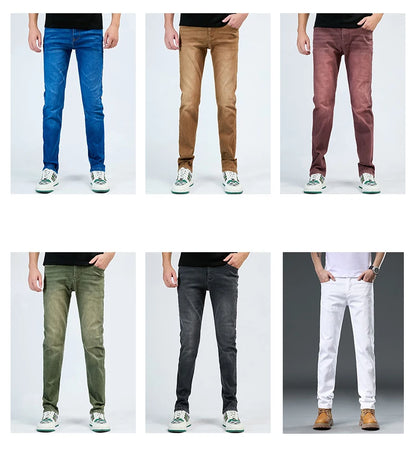 2025 Autumn Men's White Slim Fit Straight Jeans Casual Stretch Denim Pants Comfortable Fashion Streetwear Male Brand Clothing.
