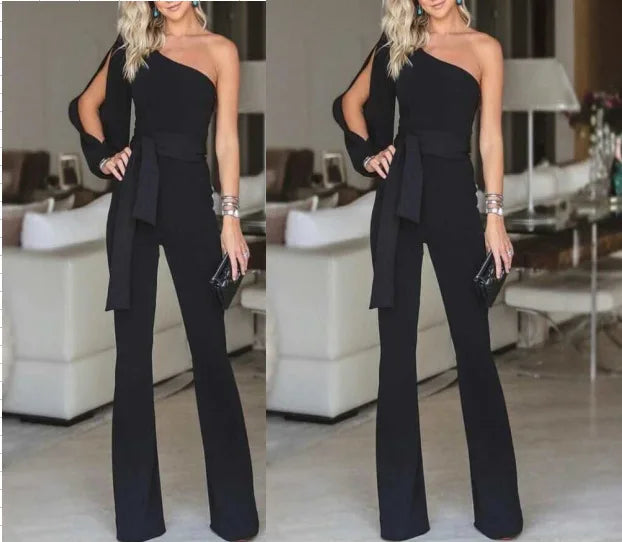 Temperament Solid Color Slim Jumpsuits Women Sexy Off Shoulder Slant Collar High Waist Leace-up Bodycon Jumpsuit Streetwear 2024.
